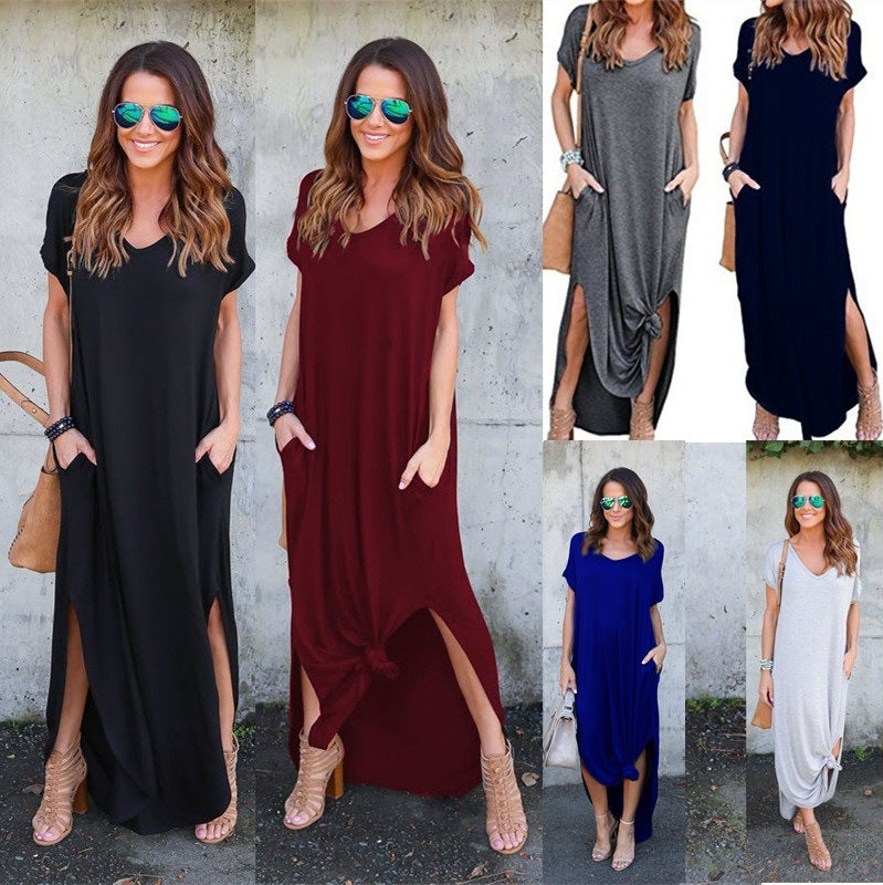 Wholesale Long Dress Summer Hot V-Neck Pocket Split Dress